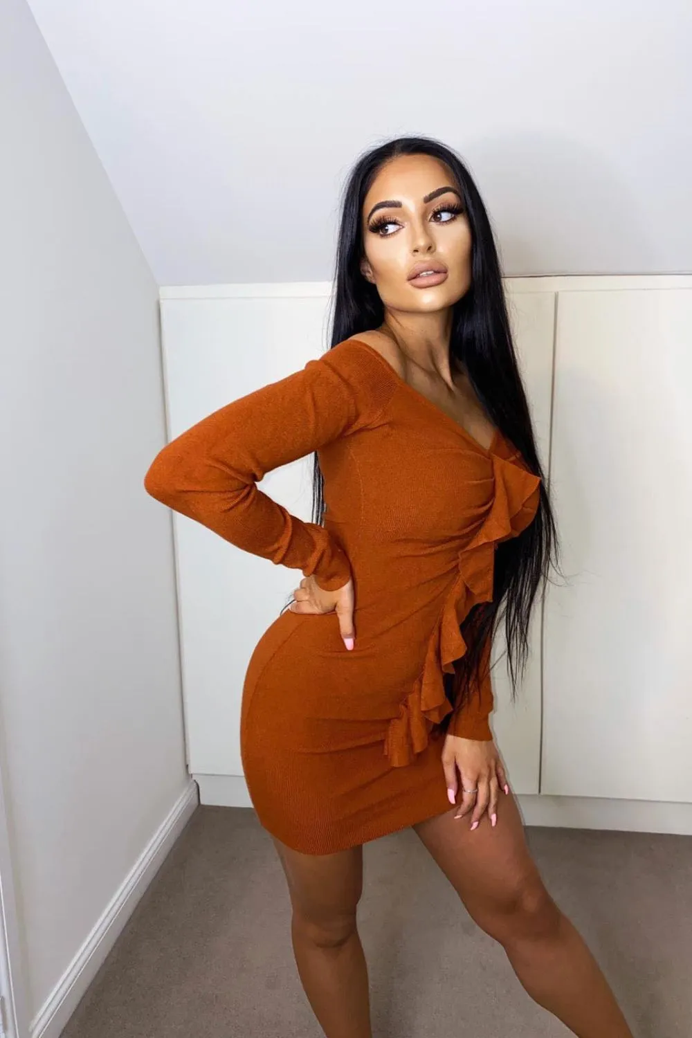 Precious Dark Camel Ruffle Ribbed Knitted Bodycon Long Sleeve Dress