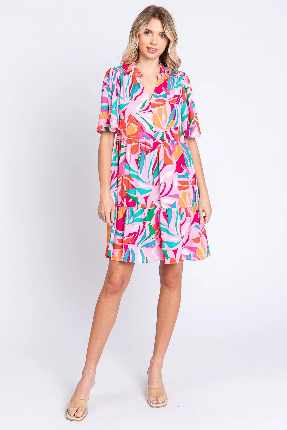 Printed Short Sleeve Ruffle Hem Dress