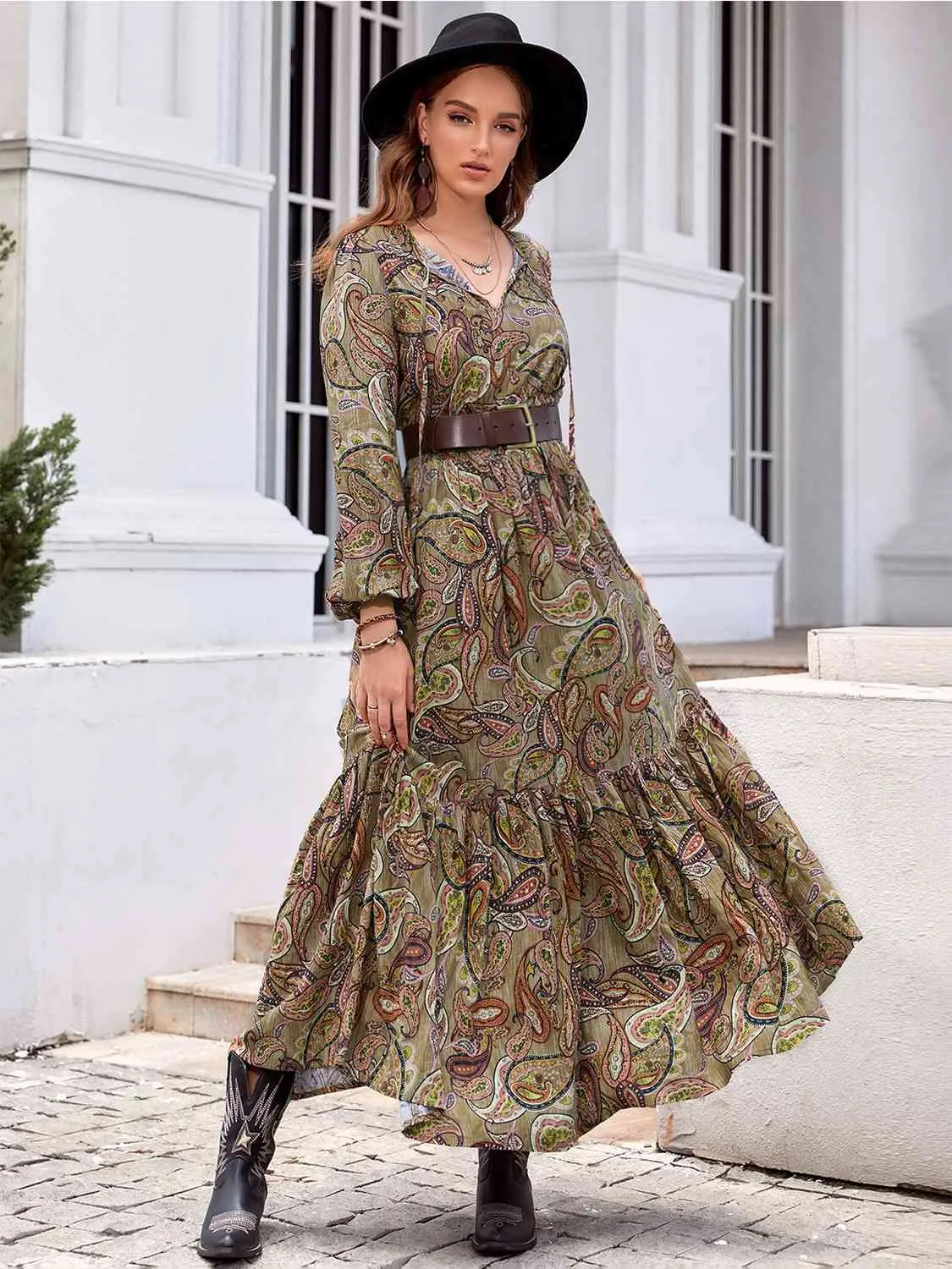 Printed Tie Neck Ruffle Hem Long Sleeve Dress