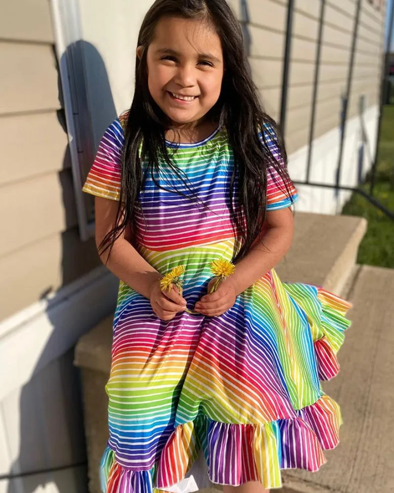 Rainbow Stripes Triple Bow Back Twirl Dress