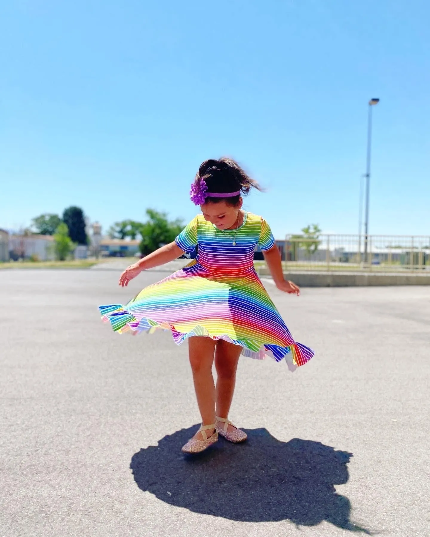 Rainbow Stripes Triple Bow Back Twirl Dress