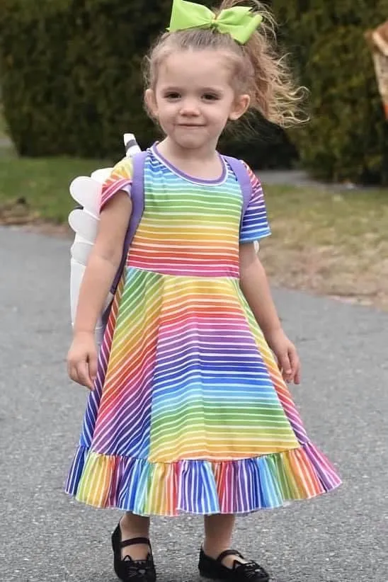 Rainbow Stripes Triple Bow Back Twirl Dress