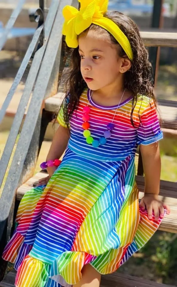 Rainbow Stripes Triple Bow Back Twirl Dress