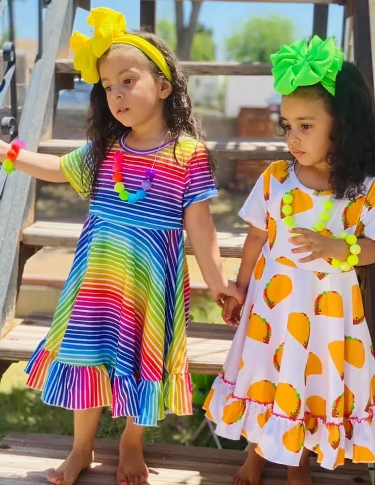 Rainbow Stripes Triple Bow Back Twirl Dress