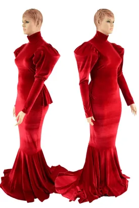 Red Velvet Victoria Sleeve Gown with Ruffle Rump