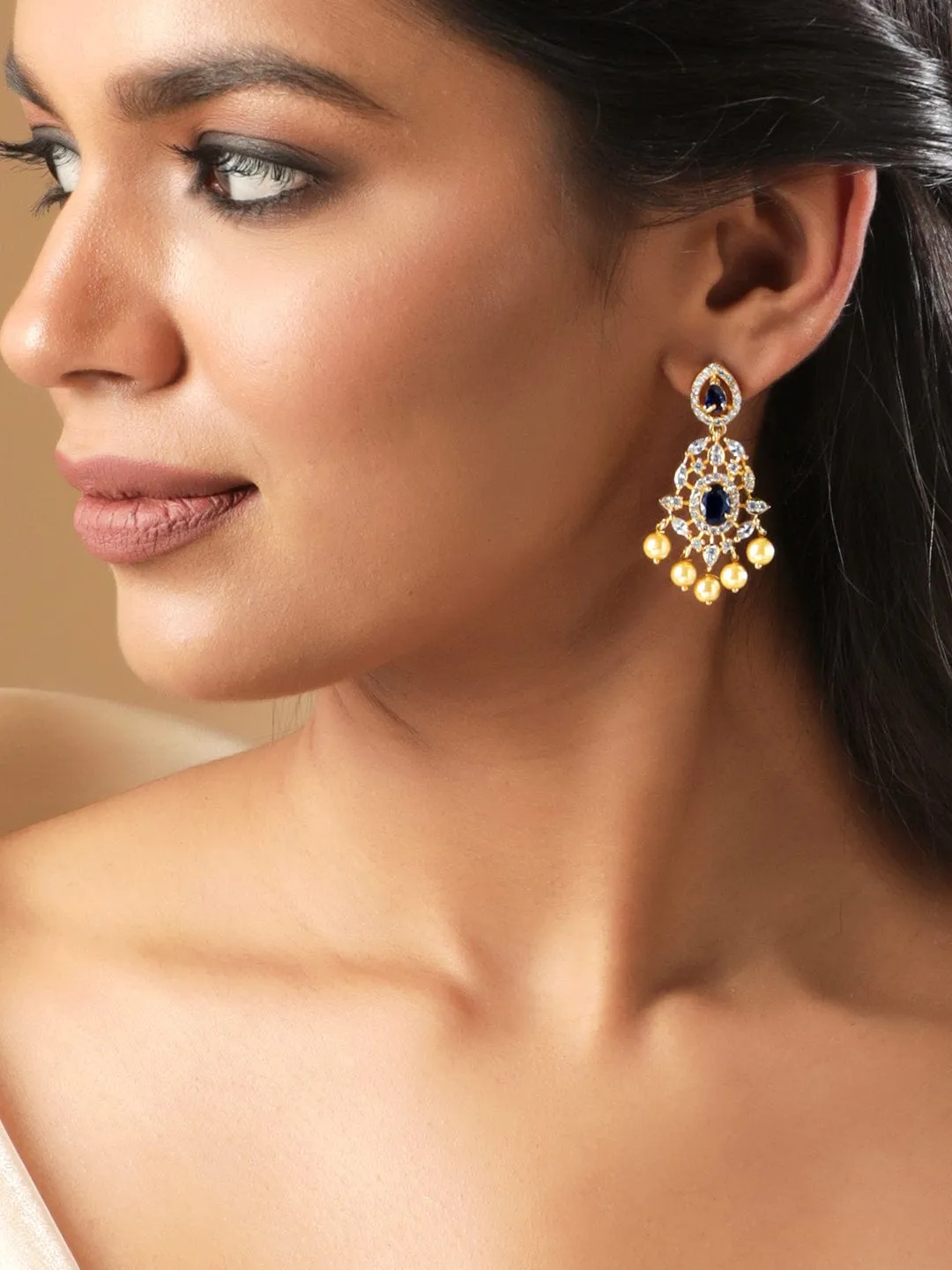 Rubans Finely Handcrafted Gold Plated CZ and Faux Colorstone Studded Drop Earrings