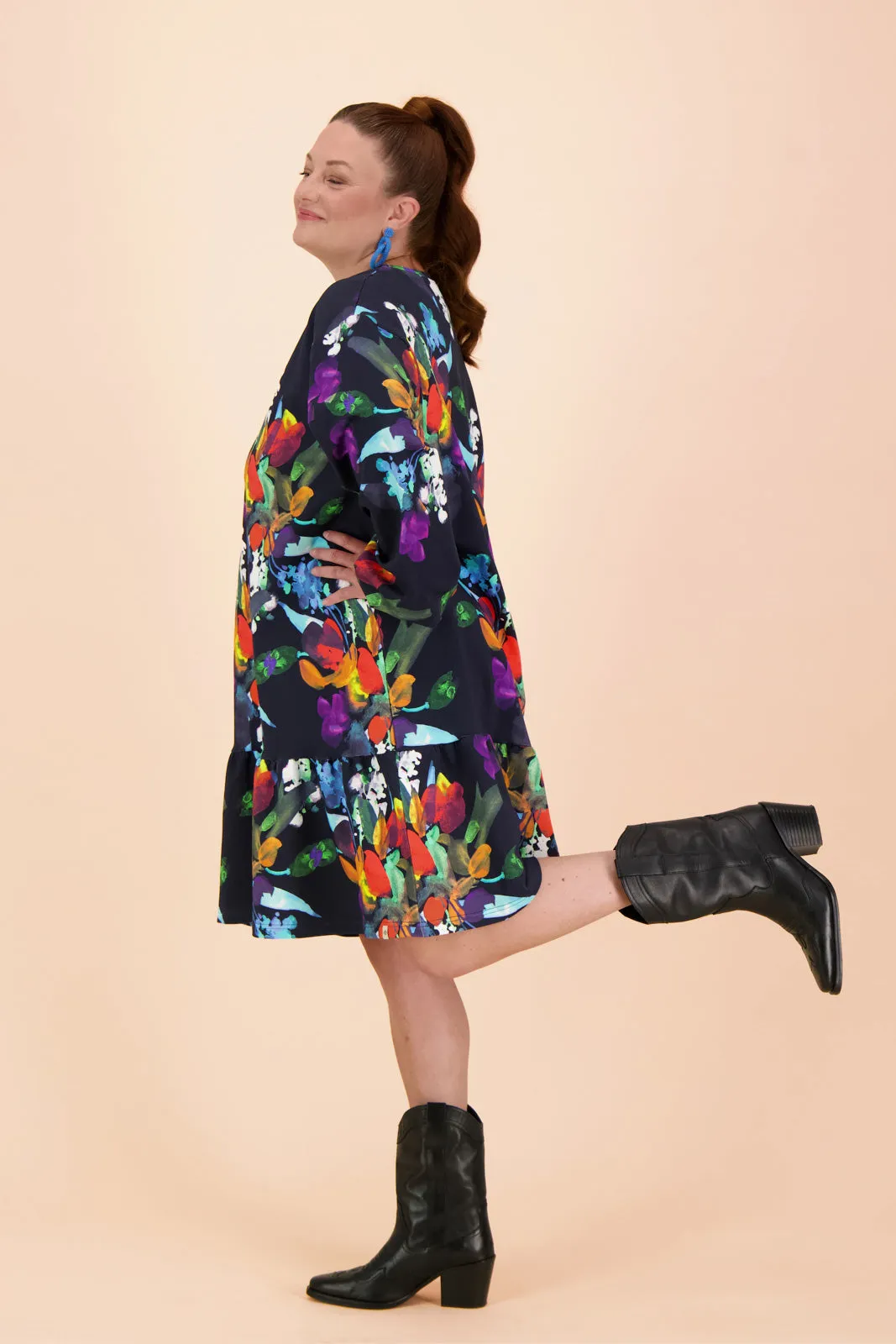 Ruffle Sweatshirt Dress Black Bouquet