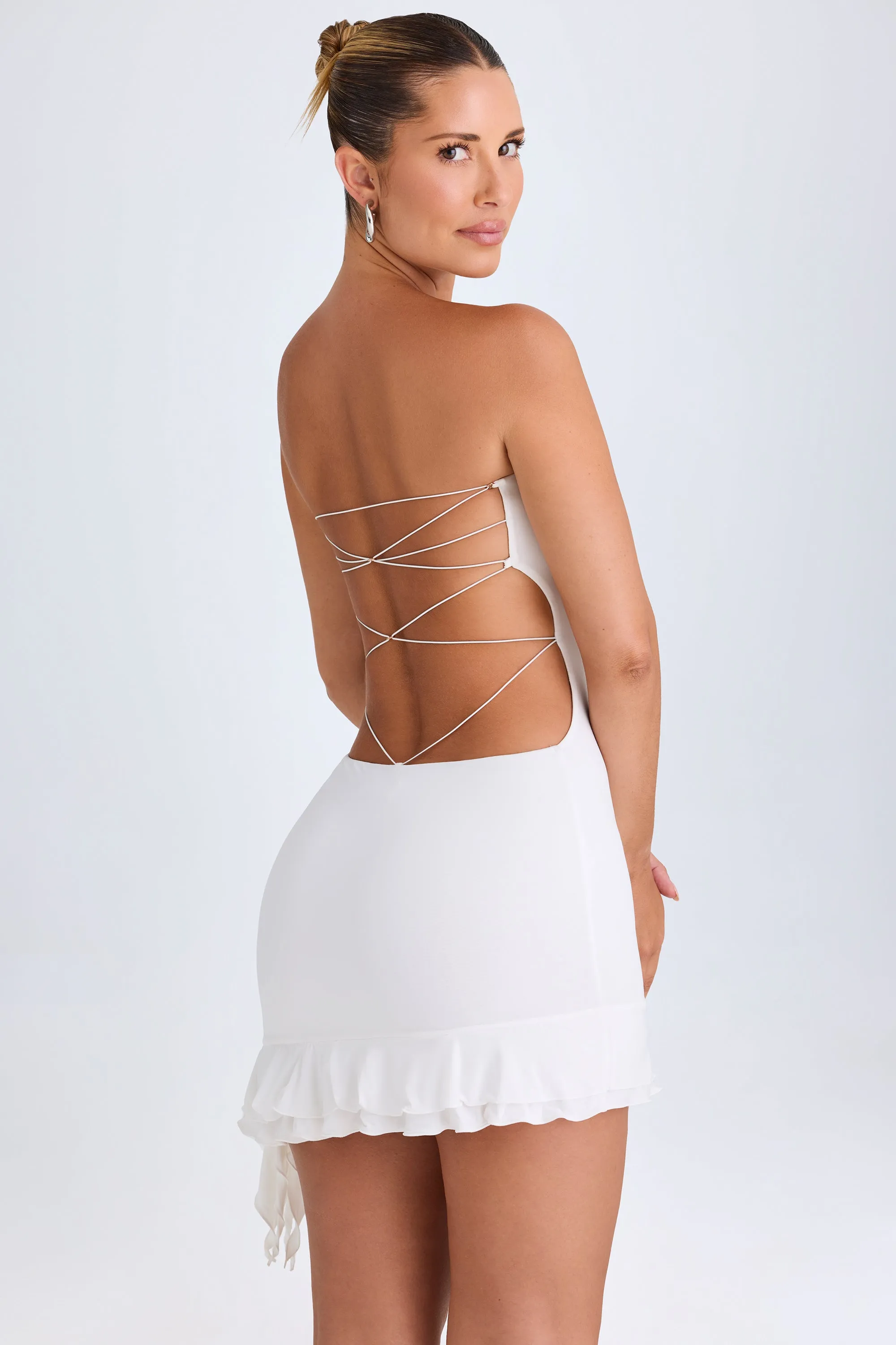 Ruffle-Trim Cut-Out Bandeau Mini Dress in White