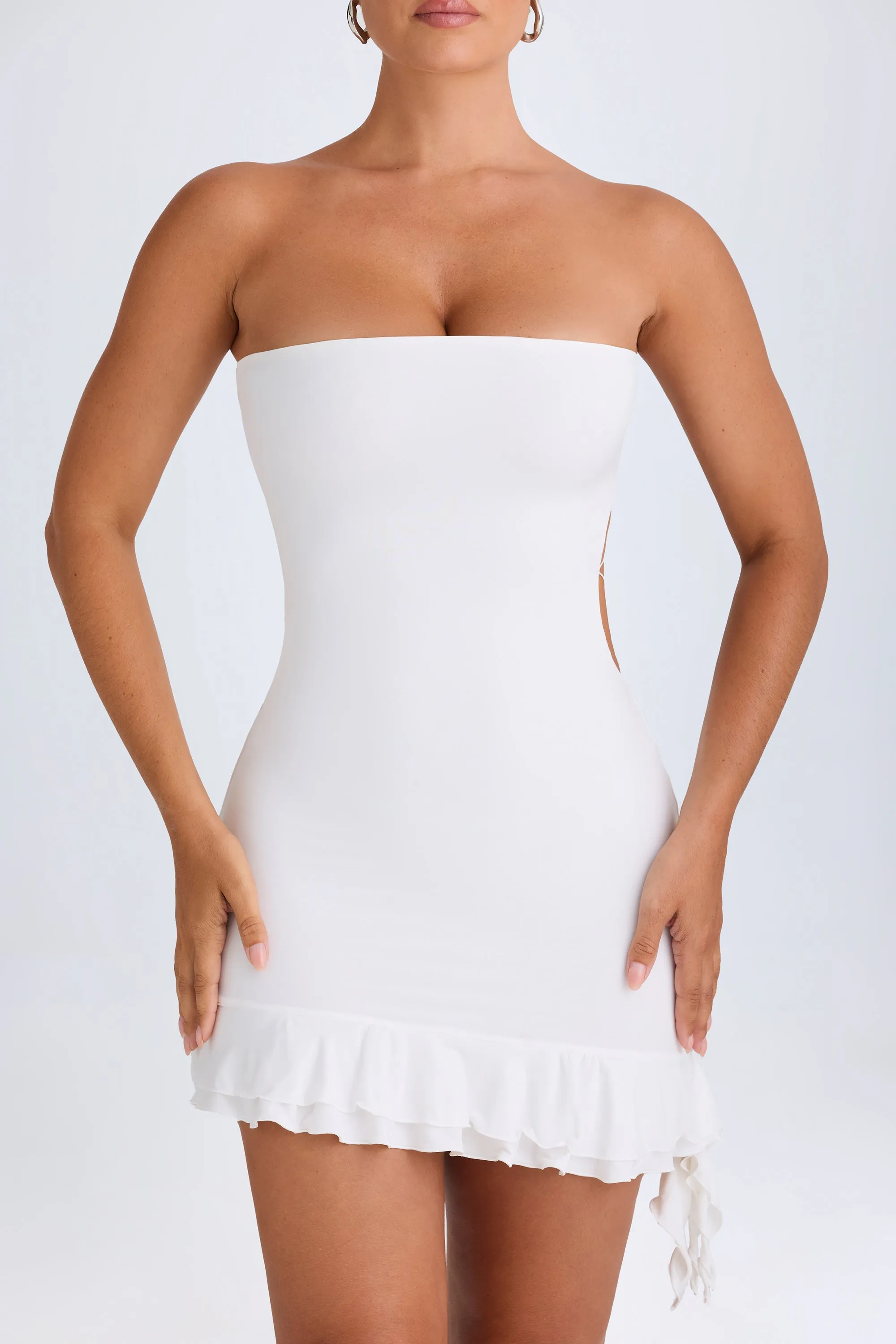 Ruffle-Trim Cut-Out Bandeau Mini Dress in White