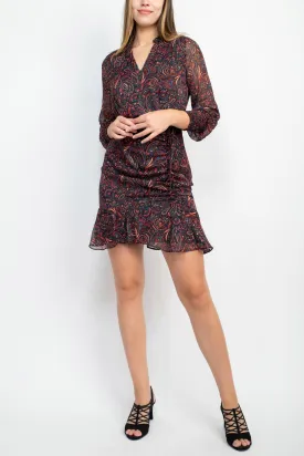 Sage Collective V-Neck 3/4 Sleeve Tie Waist Paisley Print Ruffled Hem Lurex Chiffon Dress