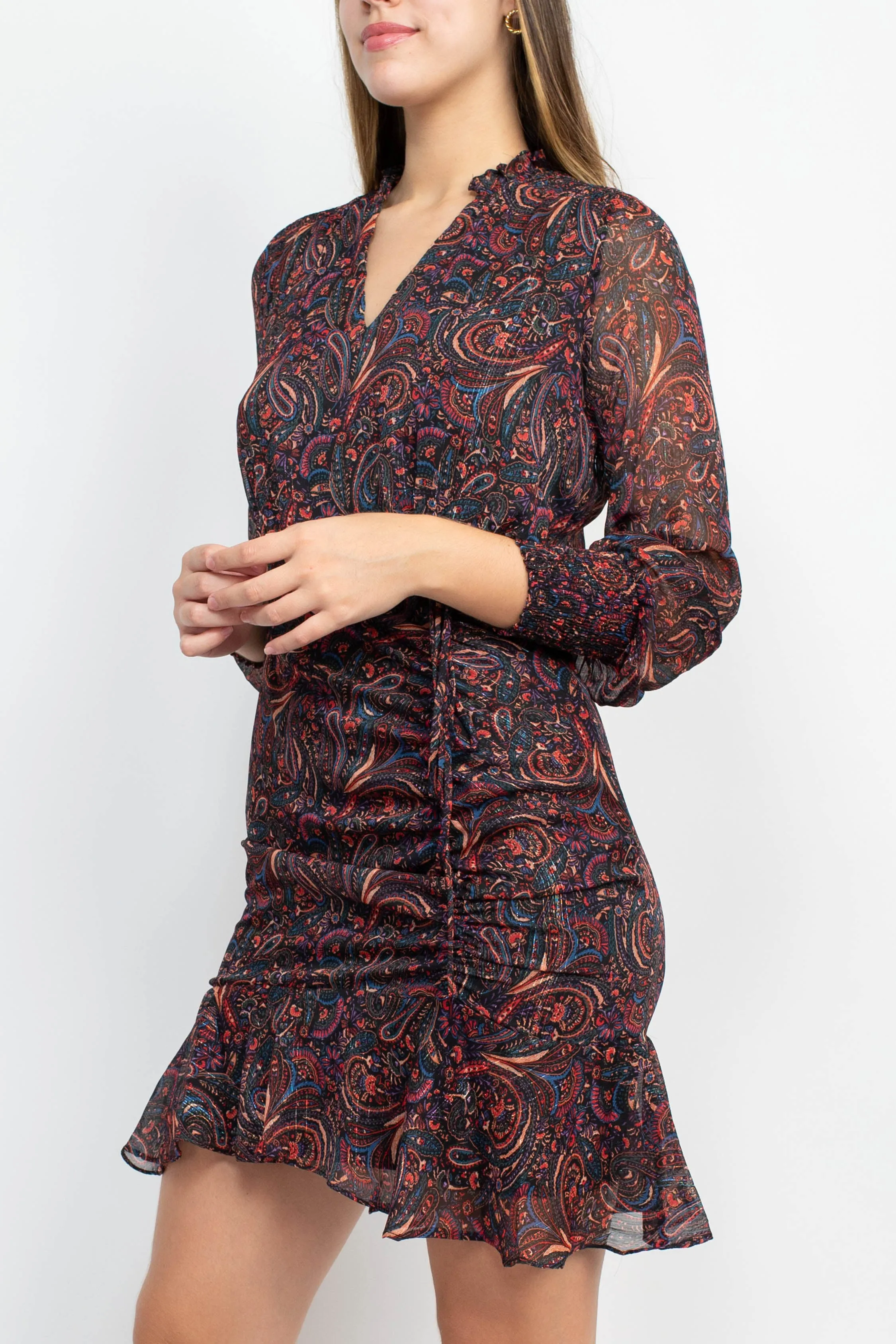 Sage Collective V-Neck 3/4 Sleeve Tie Waist Paisley Print Ruffled Hem Lurex Chiffon Dress