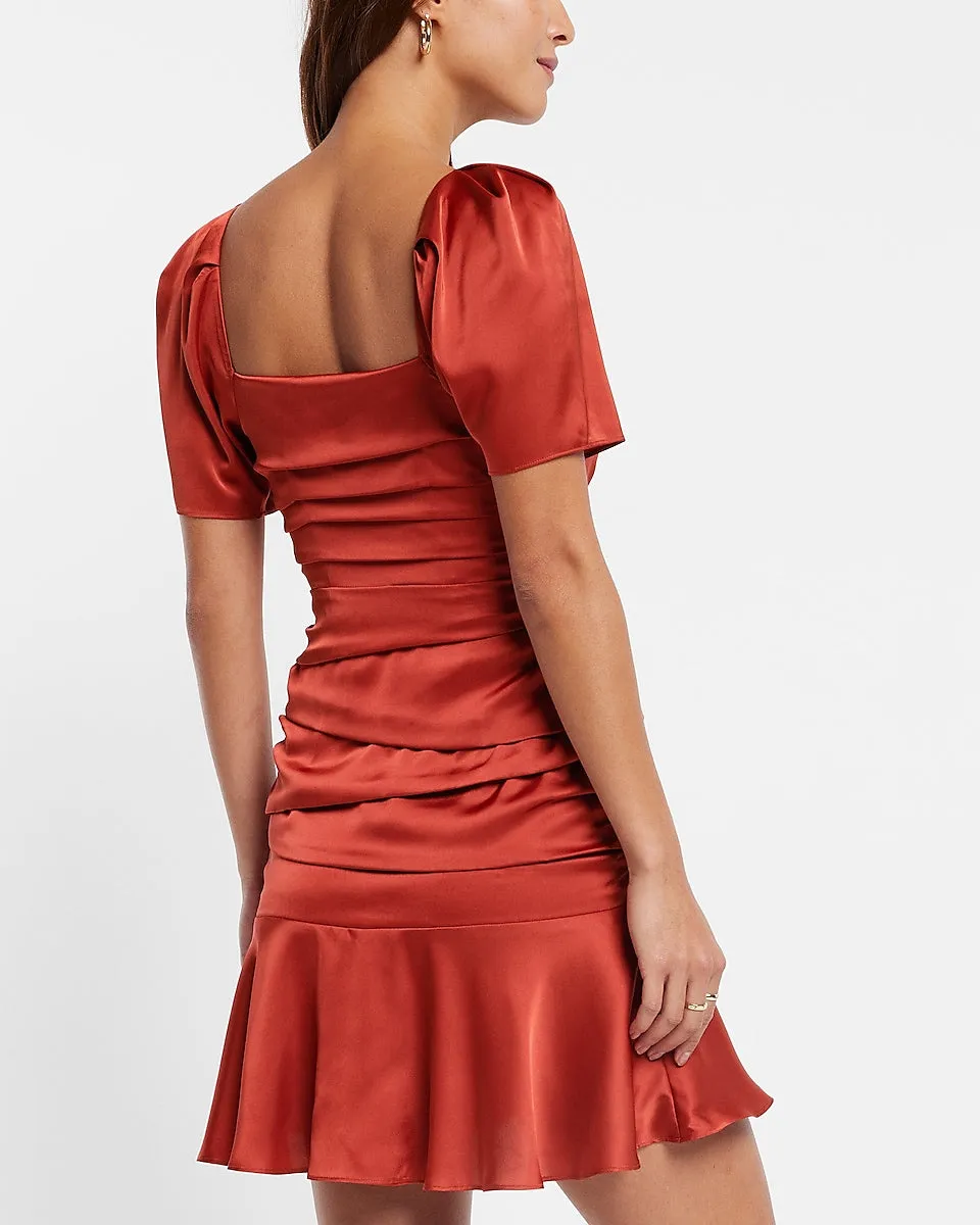 Satin Ruched Mini Dress in Chili Pepper