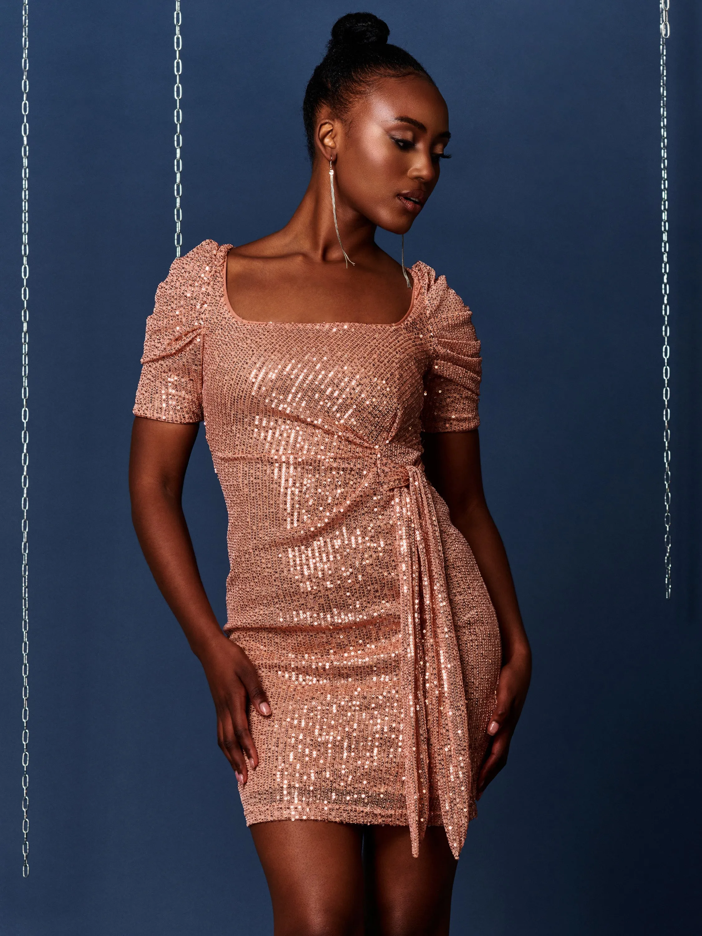 Sequin Square Neck Pencil Dress, Champagne