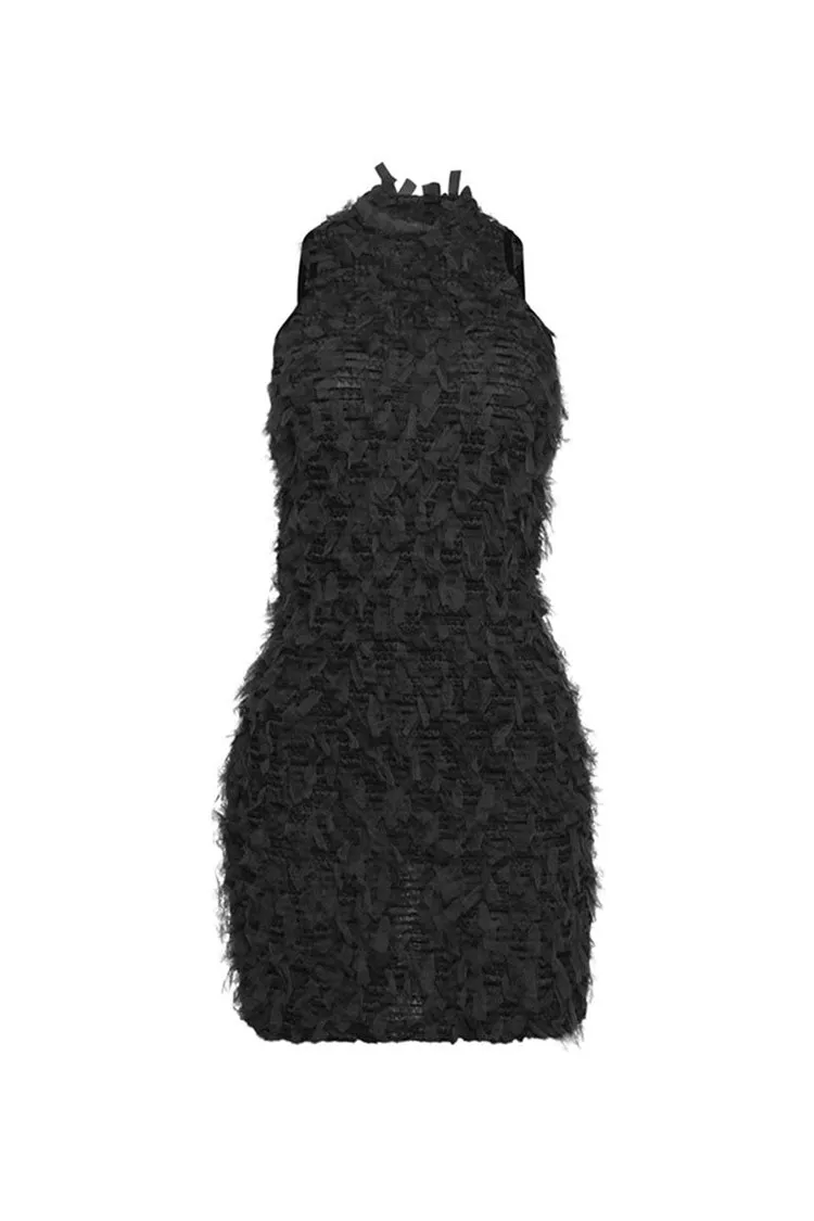 Sexy Ruffle Fringe Sheer Mesh Sleeveless Bodycon Club Mini Dress