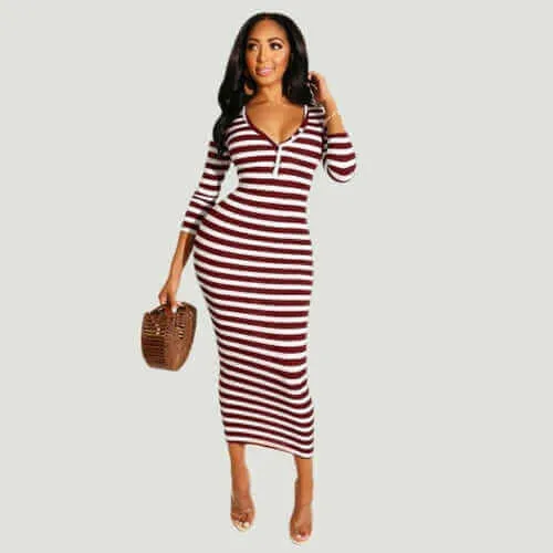 Sexy striped midi bodycon dress Women autumn winter female