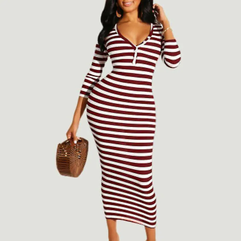 Sexy striped midi bodycon dress Women autumn winter female