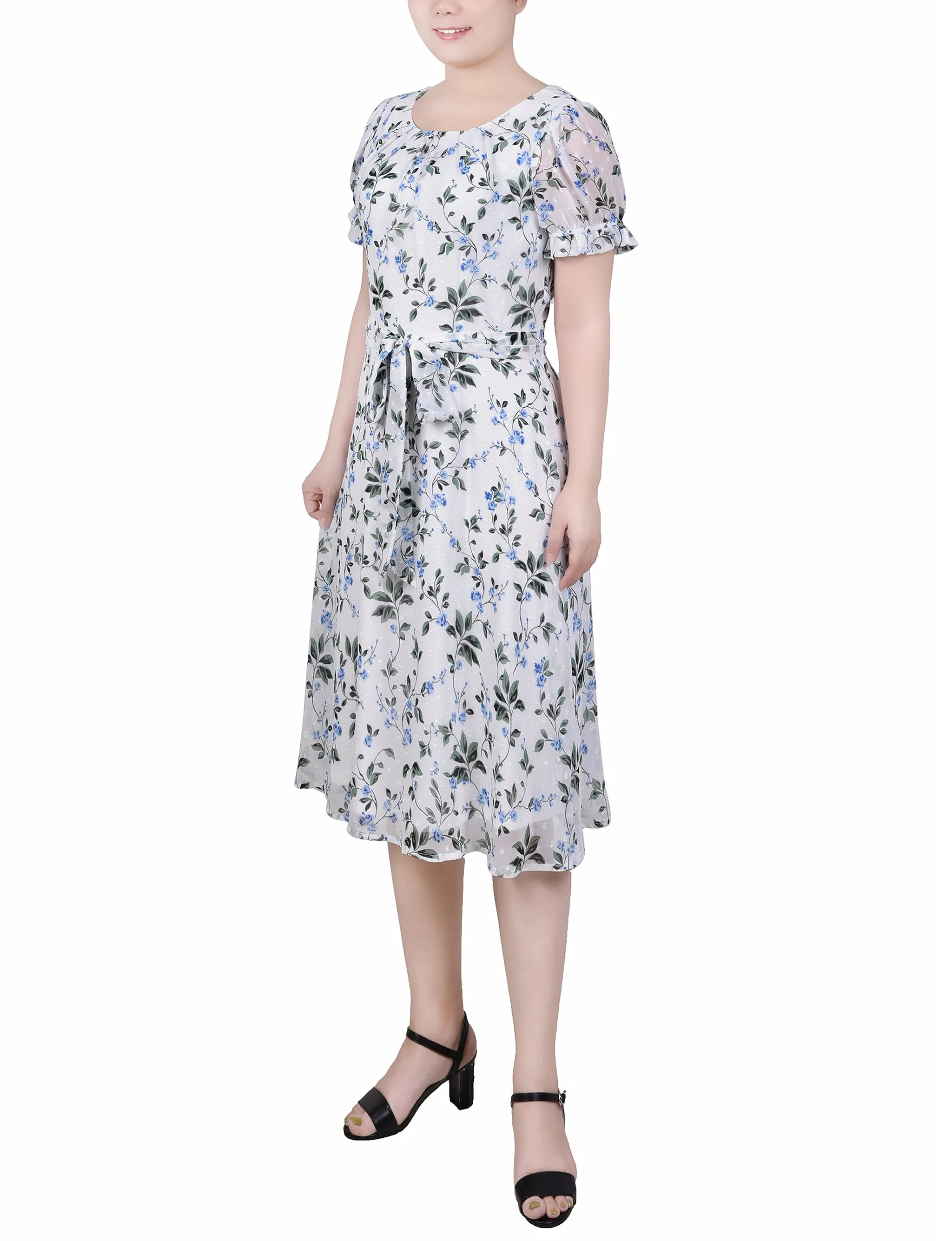 Short Sleeve Belted Swiss Dot Dress