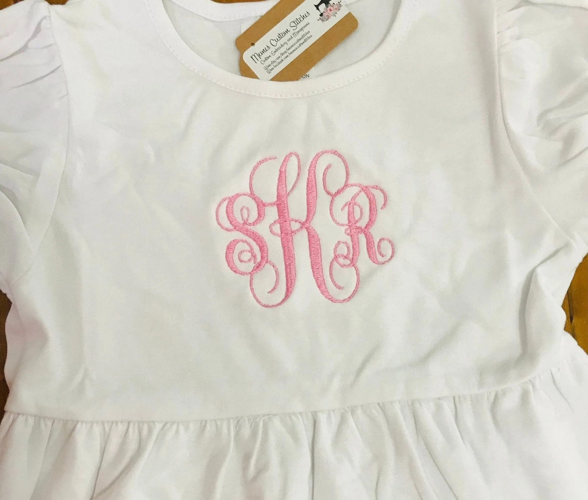 Short Sleeve Monogram  Name Girls Ruffle Smocked Cotton Empire Dress, School Outfit