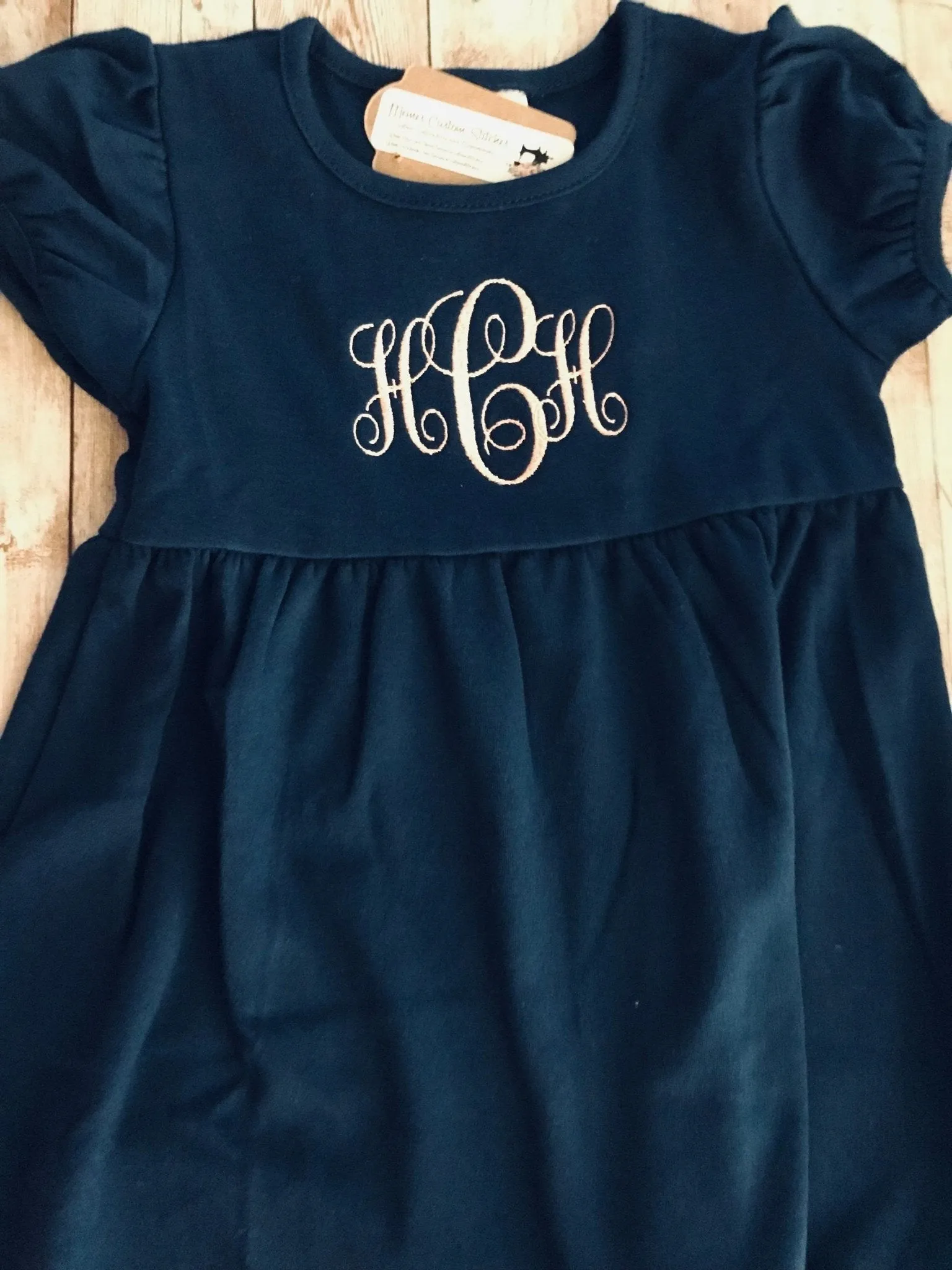 Short Sleeve Monogram  Name Girls Ruffle Smocked Cotton Empire Dress, School Outfit