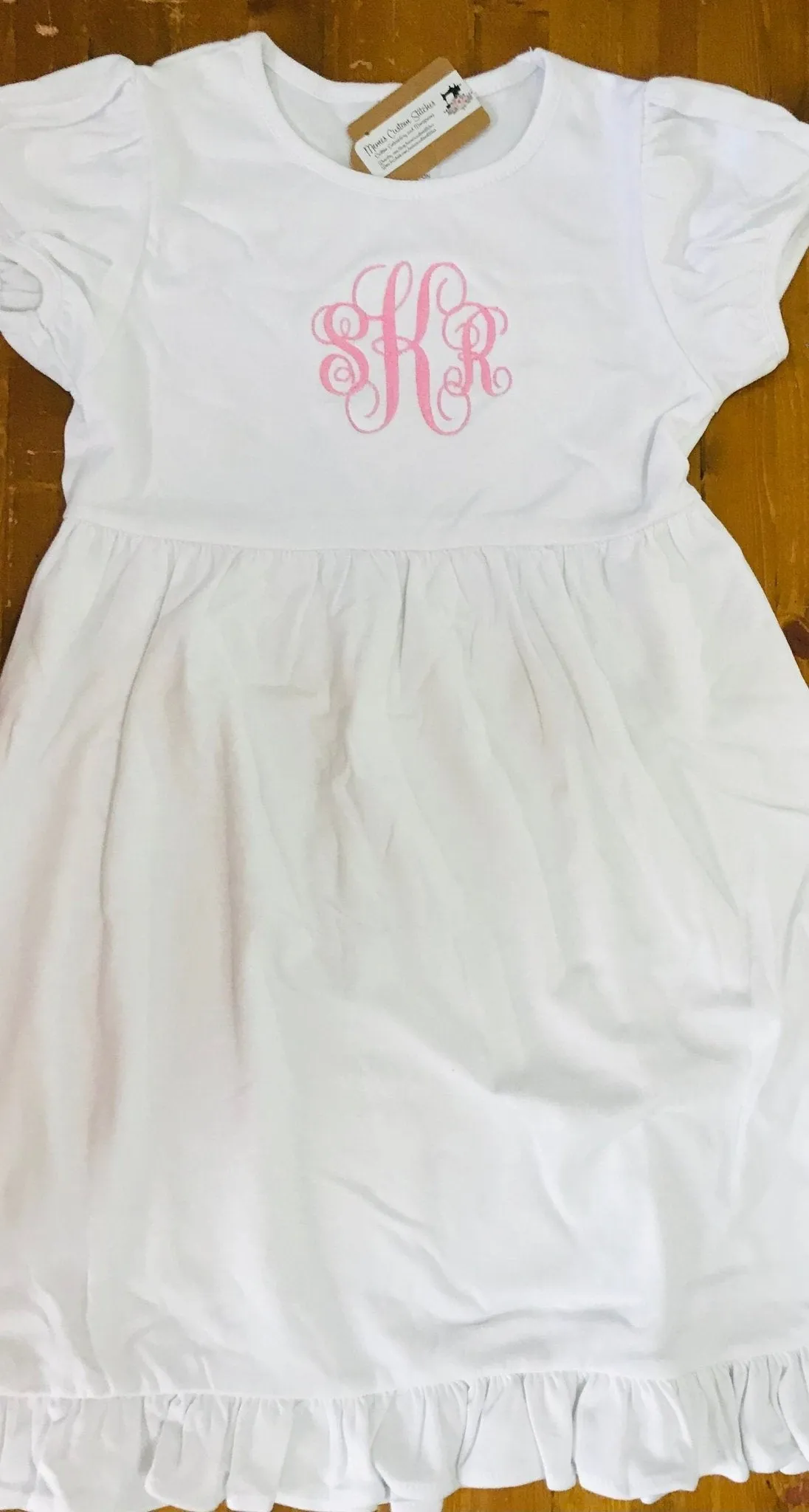 Short Sleeve Monogram  Name Girls Ruffle Smocked Cotton Empire Dress, School Outfit