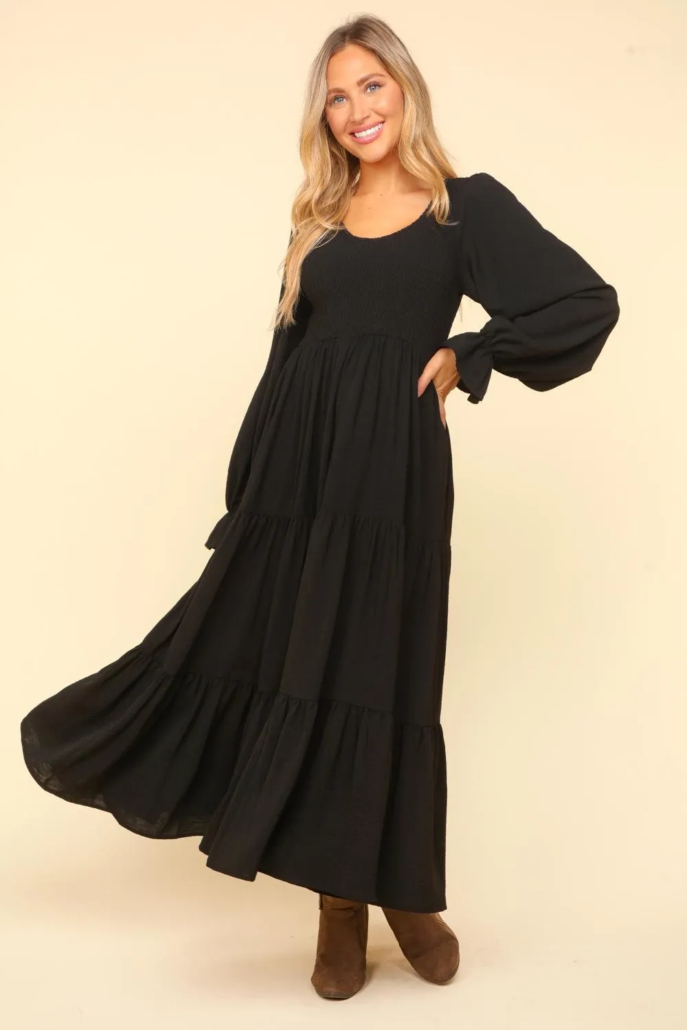 Smocking Maxi Woven Dress with Side Pockets in Black