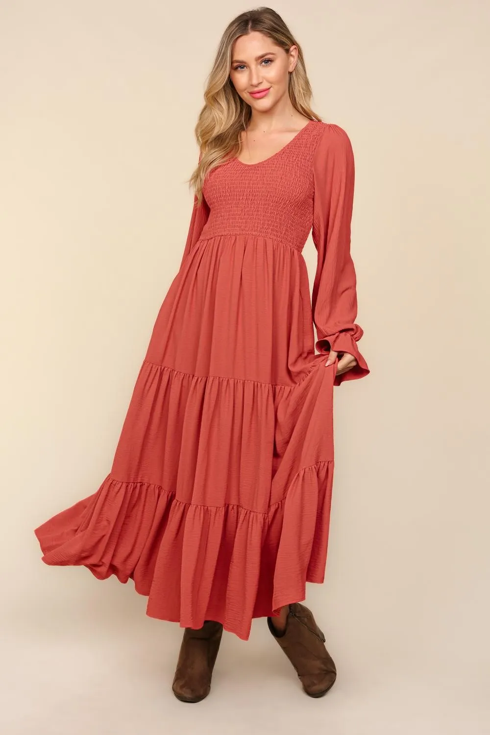 Smocking Maxi Woven Dress with Side Pockets in Marsala