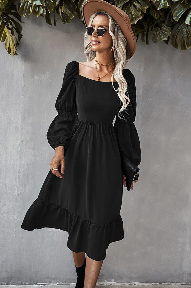 Solid Color A-line Casual Vacation Long Sleeve Dress