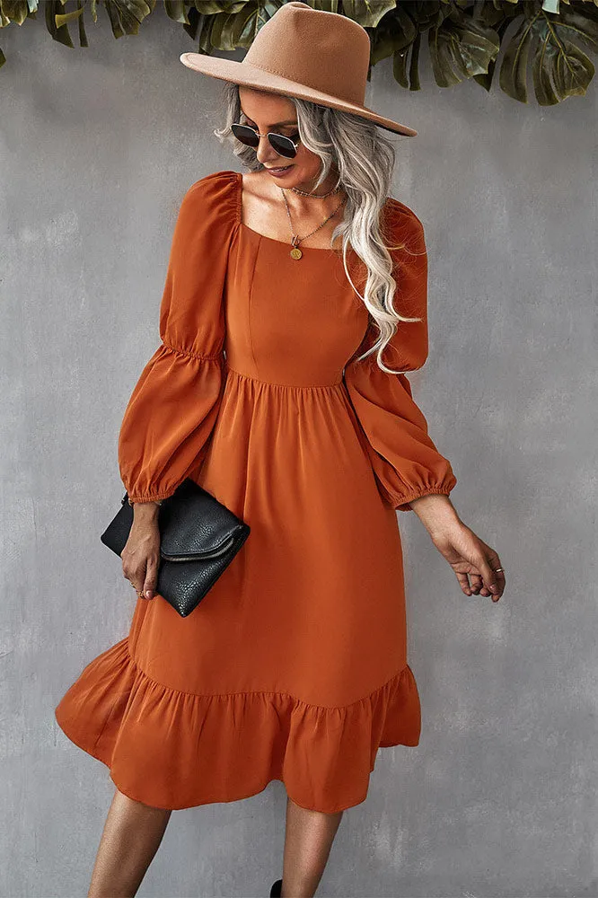 Solid Color A-line Casual Vacation Long Sleeve Dress