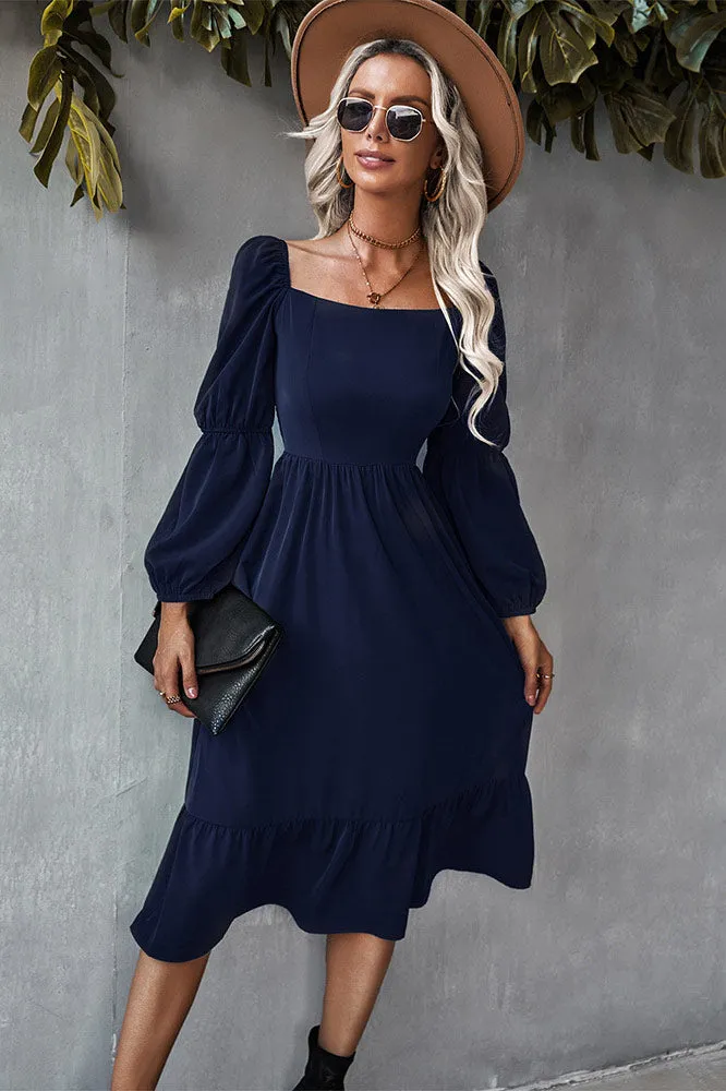 Solid Color A-line Casual Vacation Long Sleeve Dress