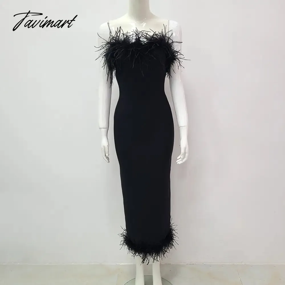 Tavimart Top Quality Women Sexy Off the Shoulder Feathers Bodycon Long Dress Rayon Bandage Fashion Elegant Evening Party Outfit