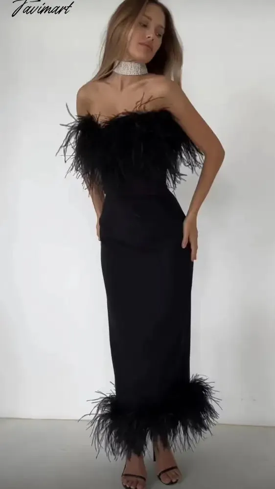 Tavimart Top Quality Women Sexy Off the Shoulder Feathers Bodycon Long Dress Rayon Bandage Fashion Elegant Evening Party Outfit