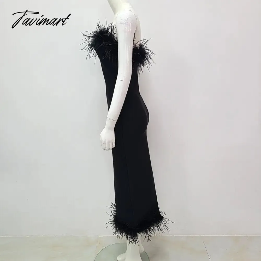 Tavimart Top Quality Women Sexy Off the Shoulder Feathers Bodycon Long Dress Rayon Bandage Fashion Elegant Evening Party Outfit