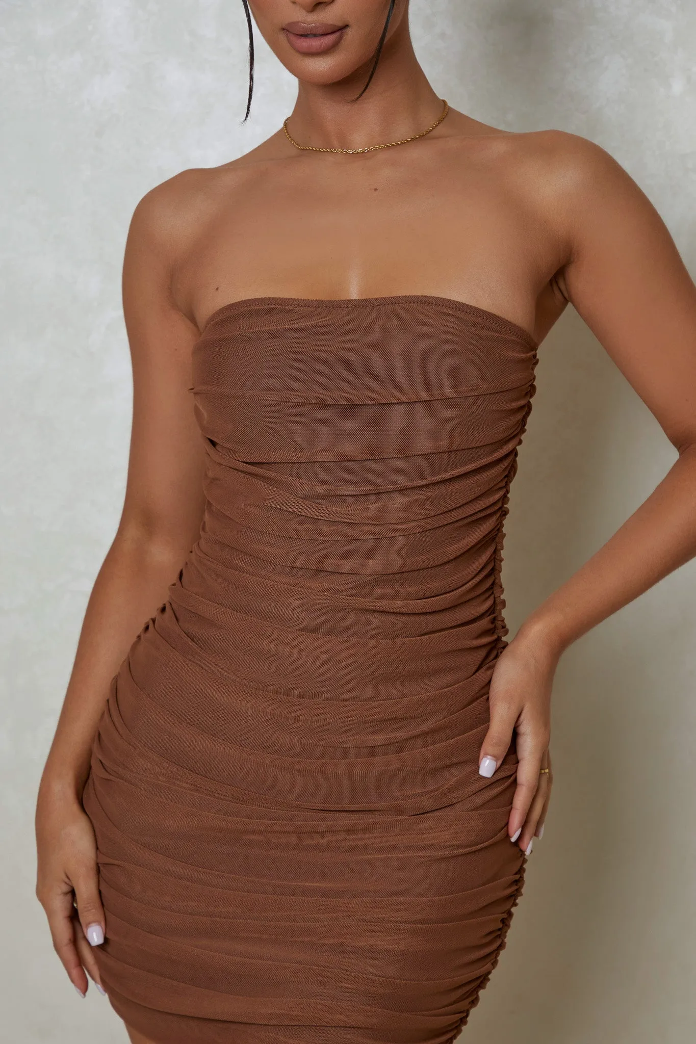 The ruched strapless mini- Brown