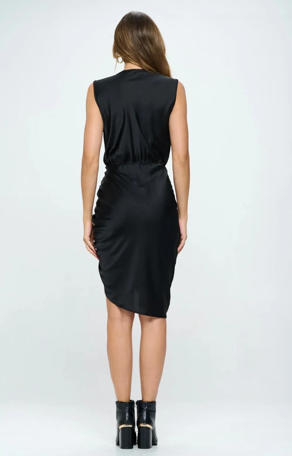 The Sassy Stretch Satin Ruched Dress - Black