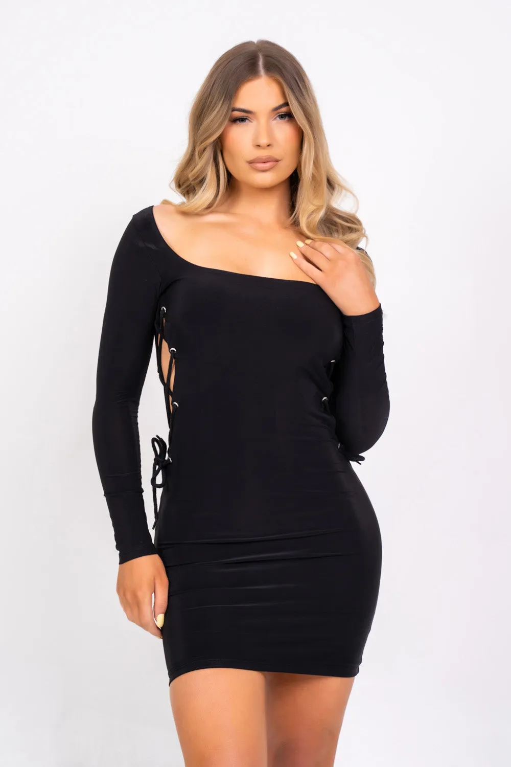 Tie Me Down Black Open Lace Up Side Bodycon Seamless Mini Dress