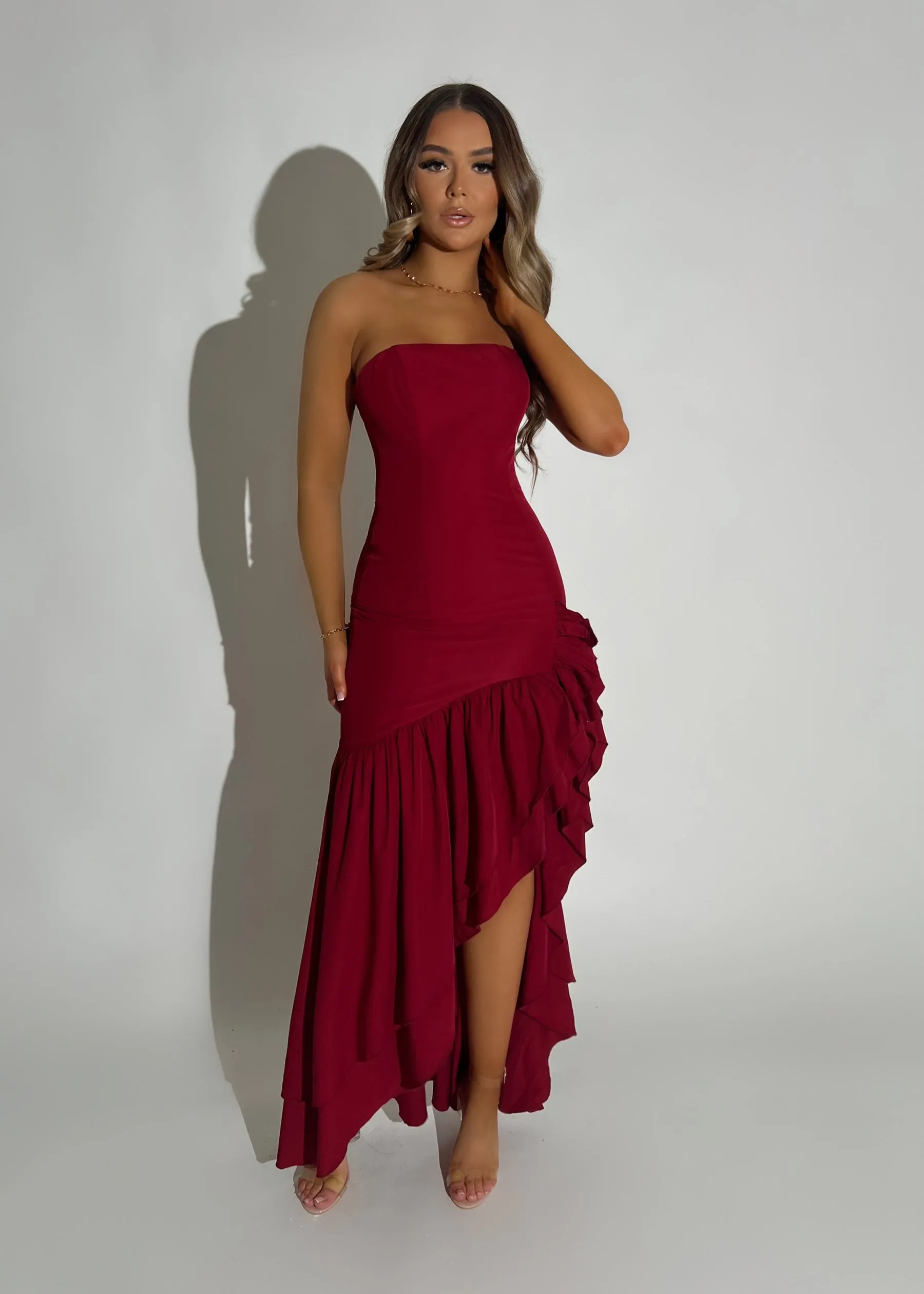 To Adore Ruffle Hem Maxi Dress - Wine