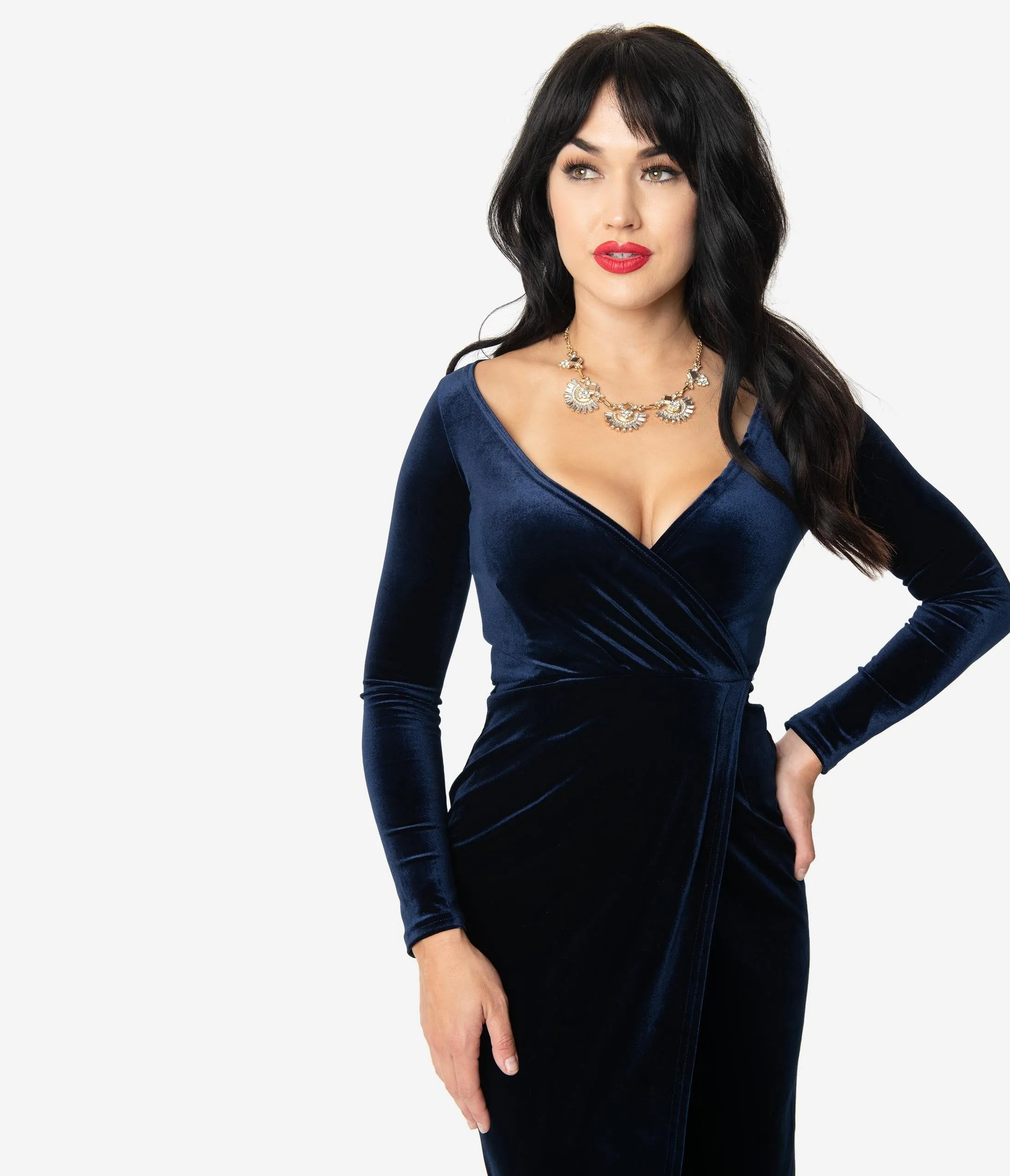 Unique Vintage Navy Blue Velvet Long Sleeve Damsel Wiggle Dress