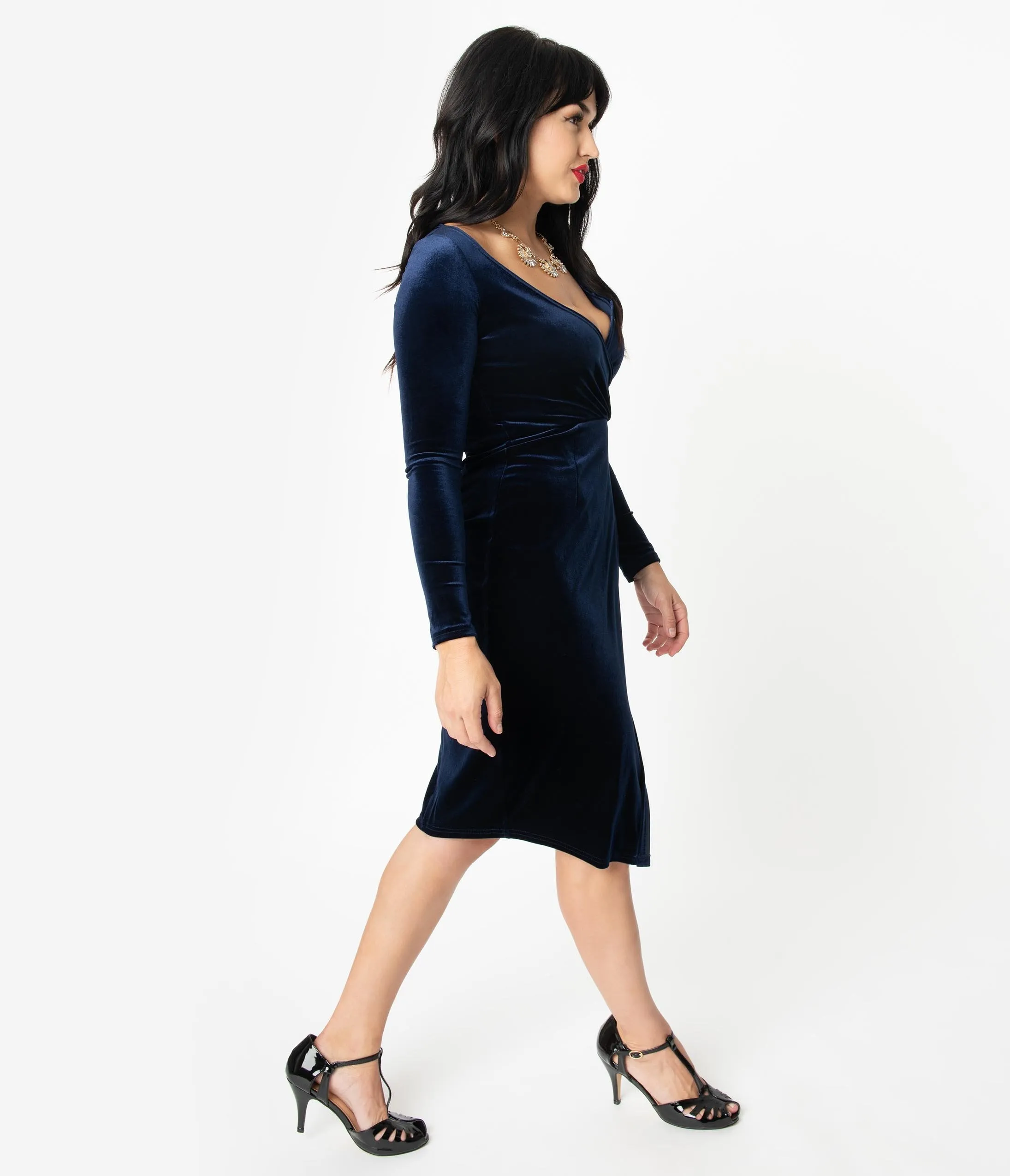 Unique Vintage Navy Blue Velvet Long Sleeve Damsel Wiggle Dress