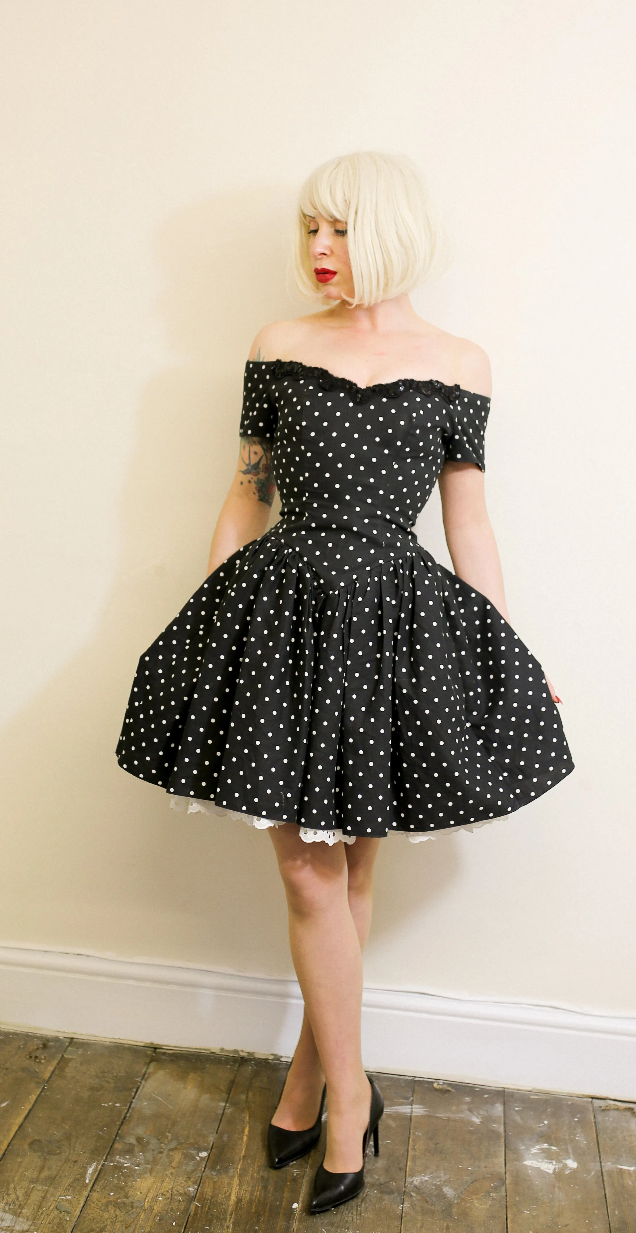 Vintage 1980s Black Polkadot Mini Dress