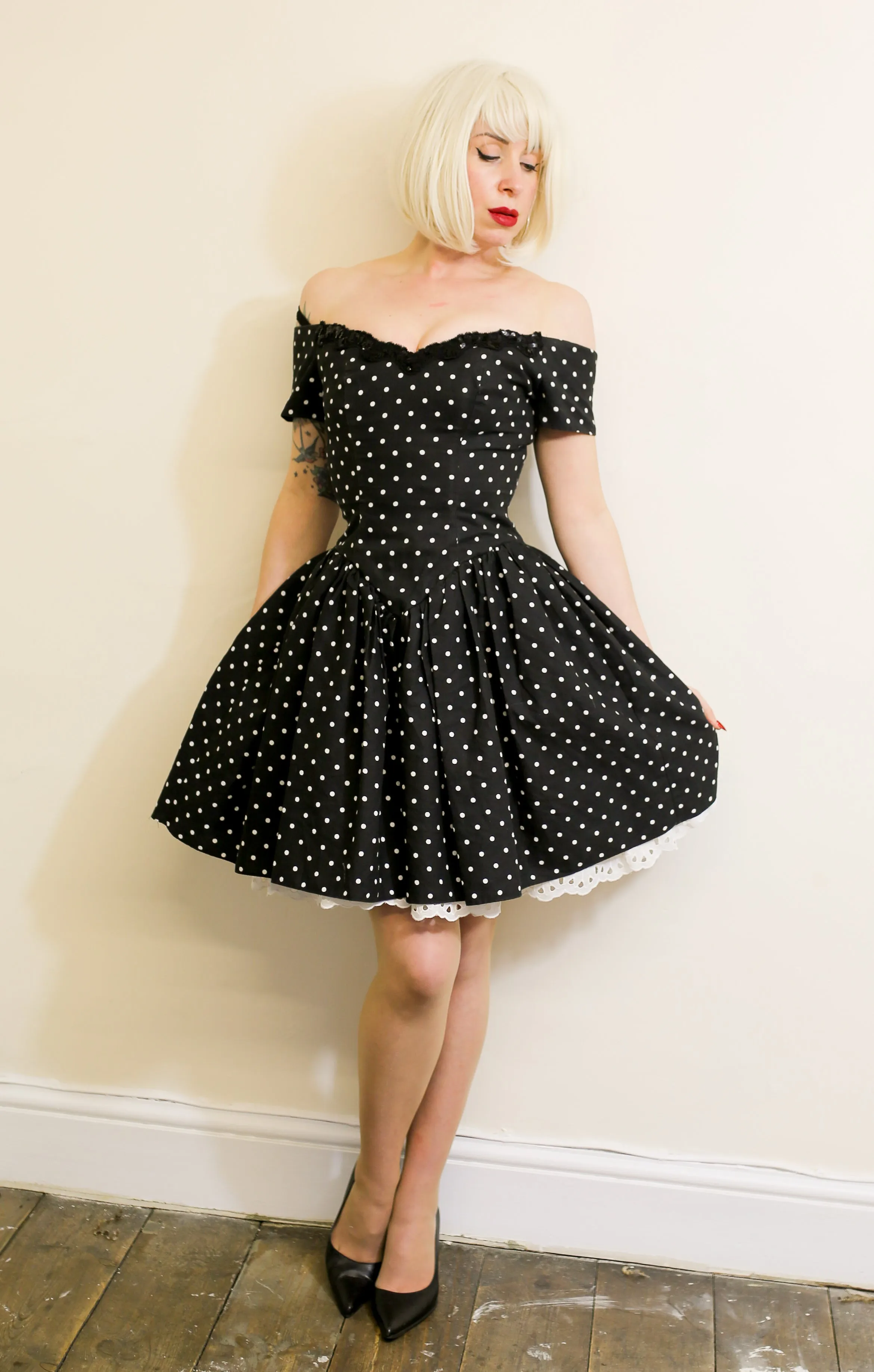 Vintage 1980s Black Polkadot Mini Dress