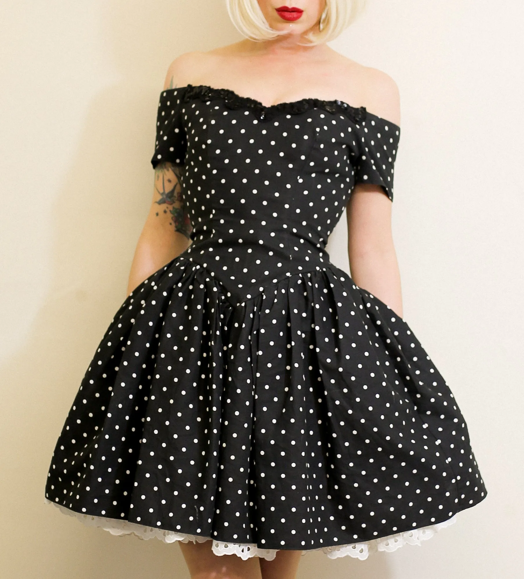 Vintage 1980s Black Polkadot Mini Dress