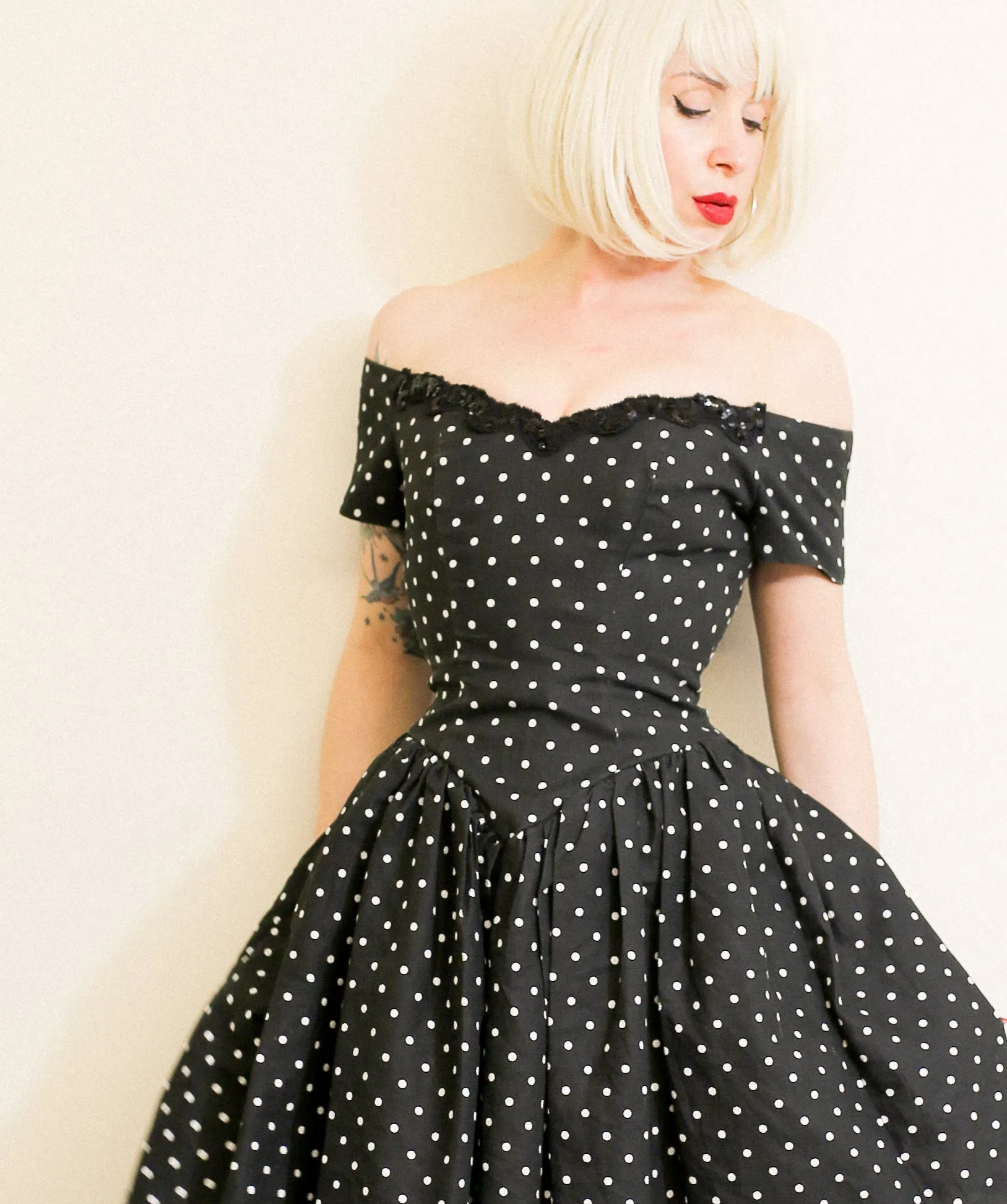 Vintage 1980s Black Polkadot Mini Dress