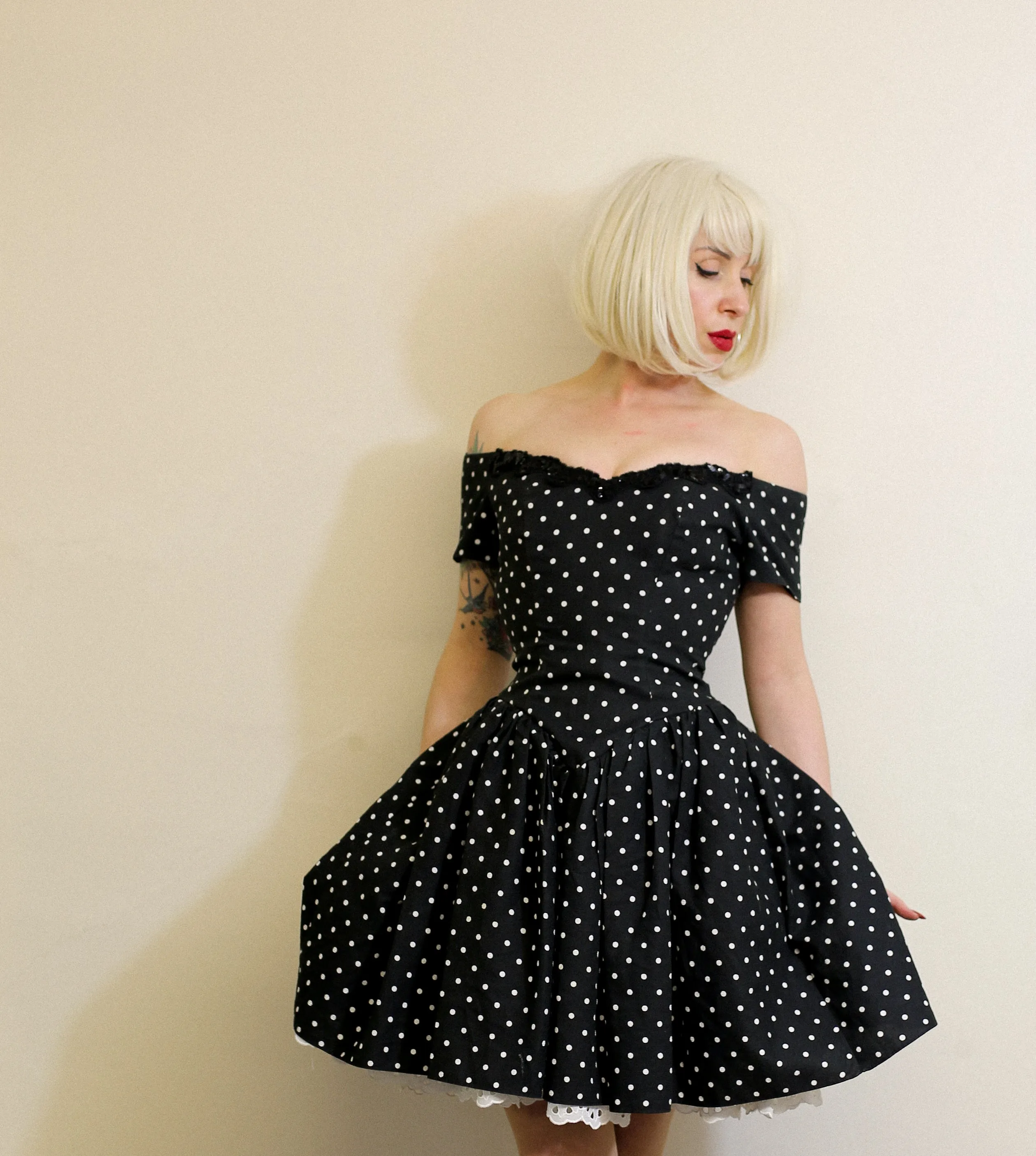 Vintage 1980s Black Polkadot Mini Dress