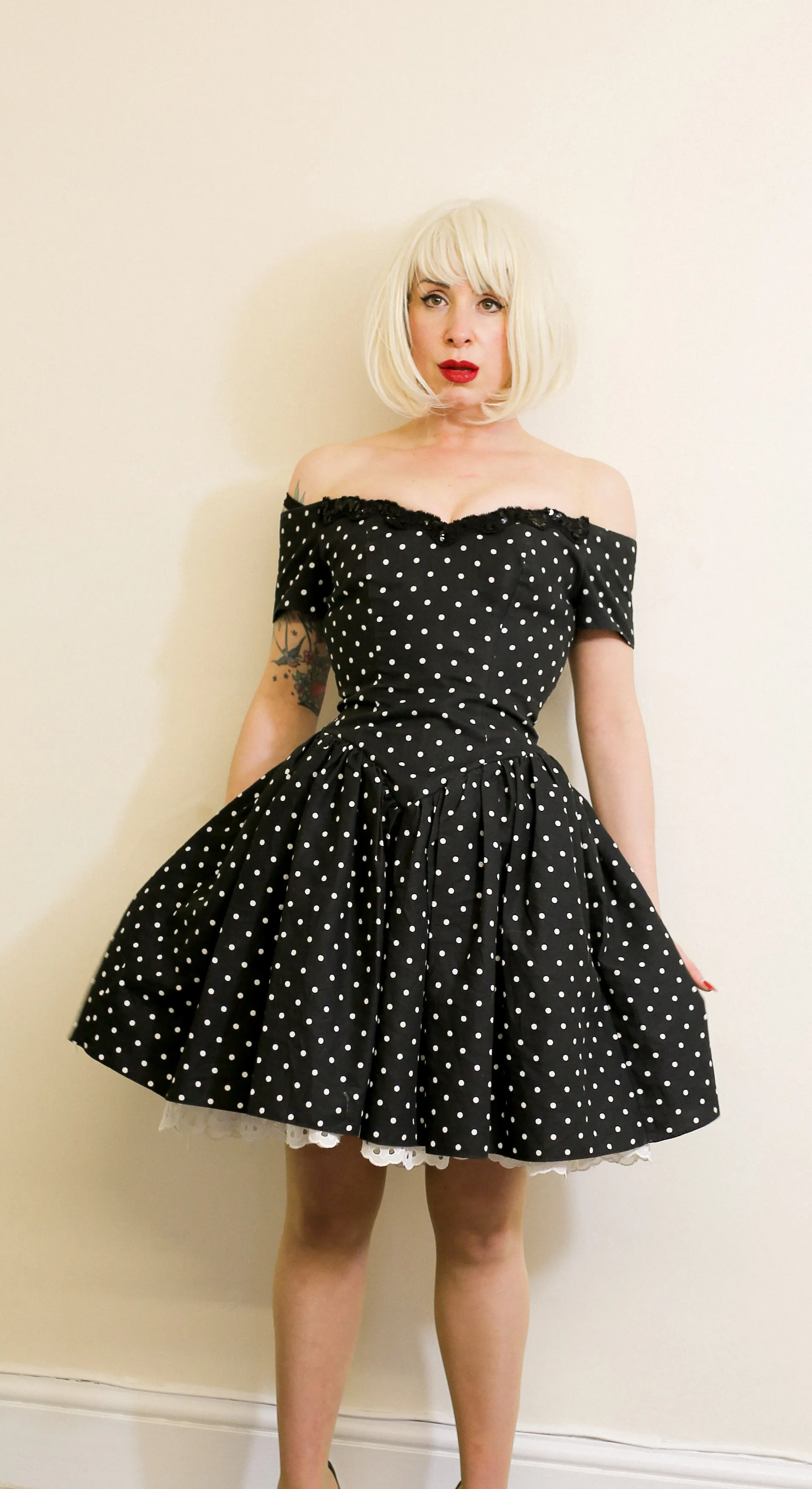 Vintage 1980s Black Polkadot Mini Dress