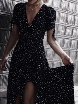 VINTAGE DOT BACKLESS V-NECK MAXI DRESS