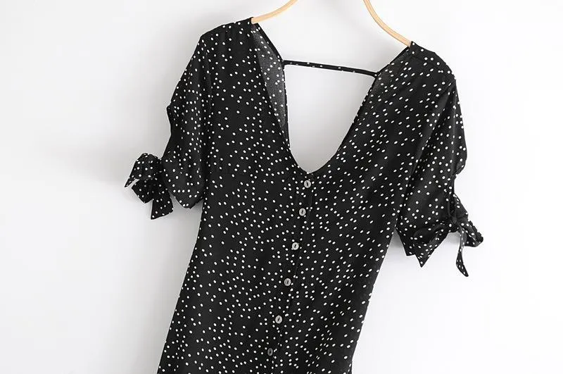 VINTAGE DOT BACKLESS V-NECK MAXI DRESS