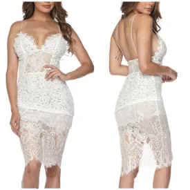 White Eyelash Lace Romantic Sexy Cami Cocktail Midi Dress