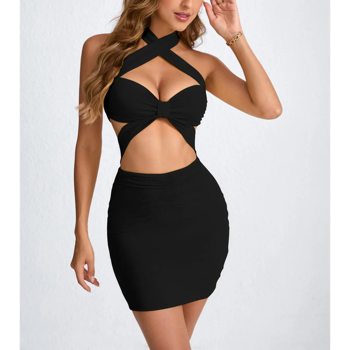 Women Short Summer Hollow Out Cutout out Neck Sheath Sexy Dress