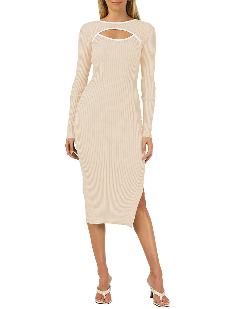 Women's Bodycon Midi Dress Long Sleeve Cut Out Ribbed Knit Party Club Dress