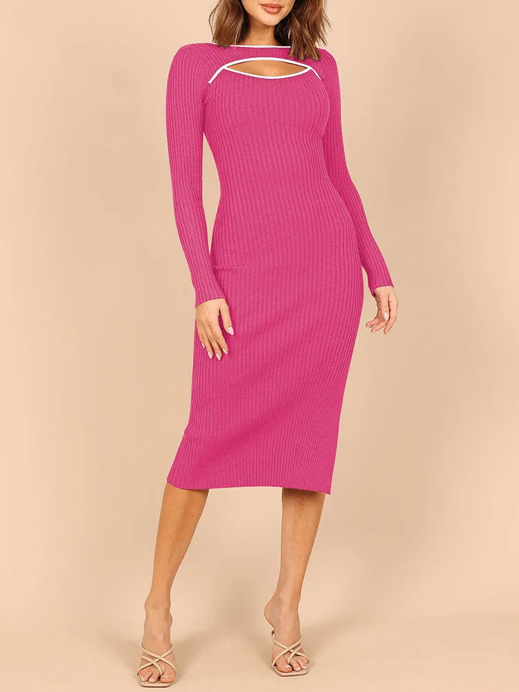 Women's Bodycon Midi Dress Long Sleeve Cut Out Ribbed Knit Party Club Dress